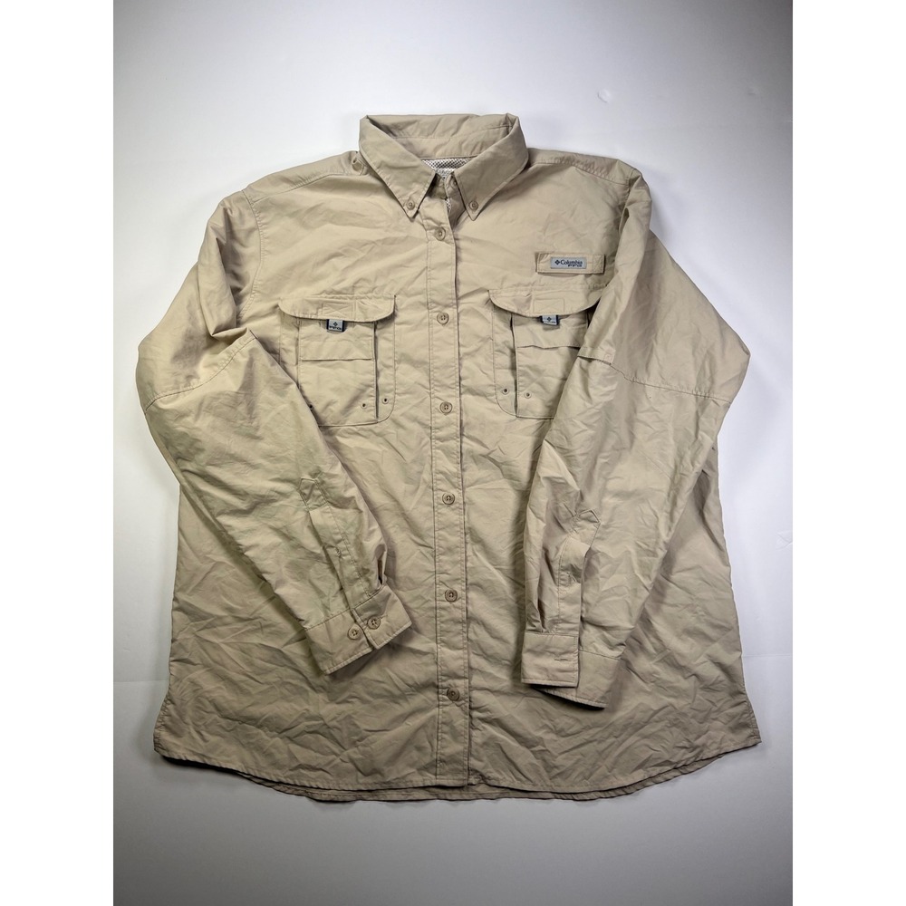 Columbia PFG Fishing Shirt Mens XL Tan Bahama II Long Sleeve Vented UPF Nylon